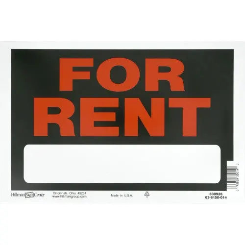 Hillman 839926 8" X 12" Black & Red Weatherproof Plastic For Rent Sign - Quantity Of 60 1