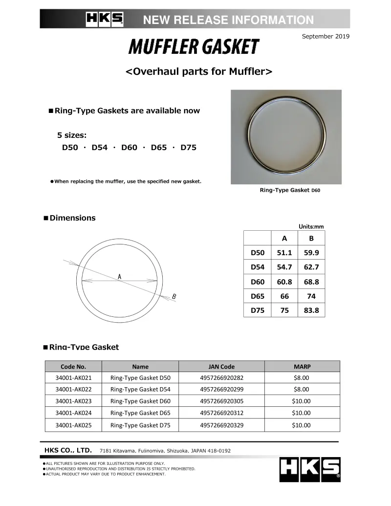 Hks Muffler Gasket 60.8Mm Id 68.8Mm Od 1