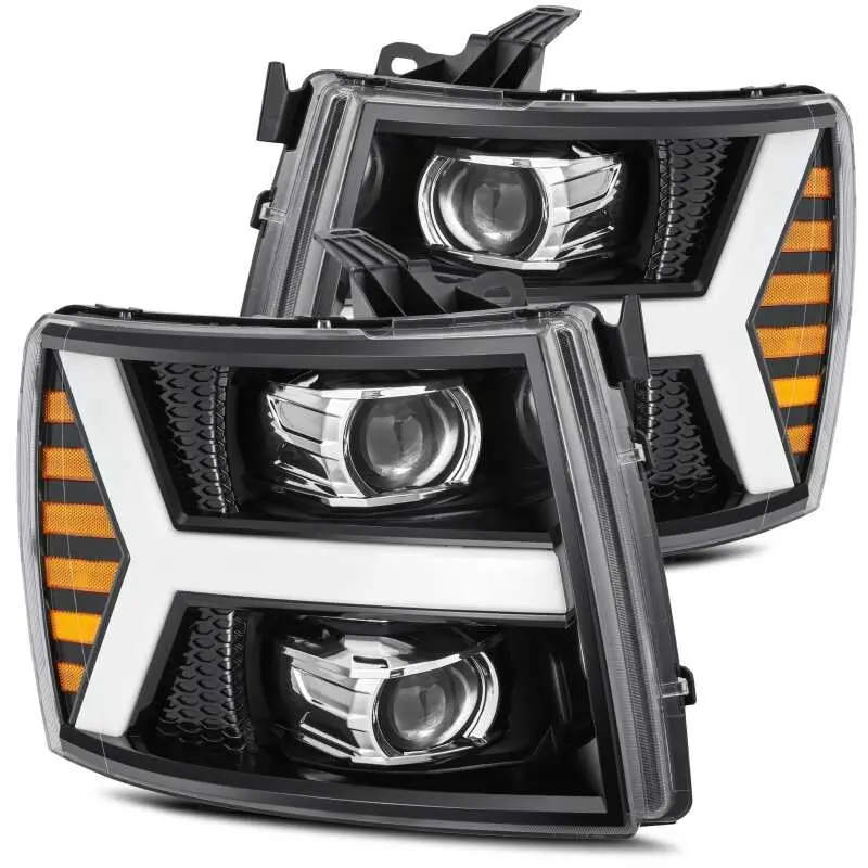 Alpharex 07-13 Chevy 1500 Luxx Led Proj Headlights Plank Style Jet Blk W/ Activ Light/Seq Signal/Drl 1