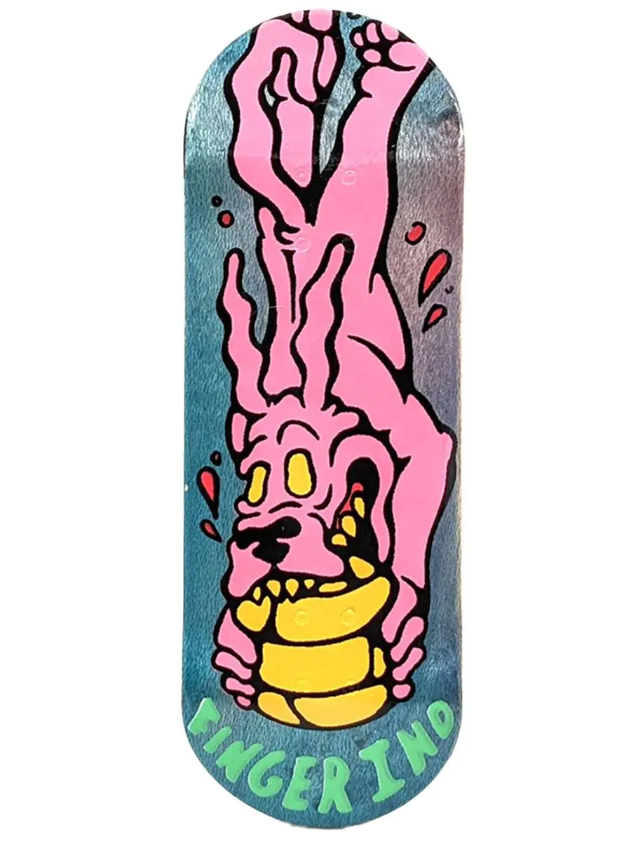 Finger Industries and Cino co-designed fingerboard deck featuring playful dog-inspired artwork