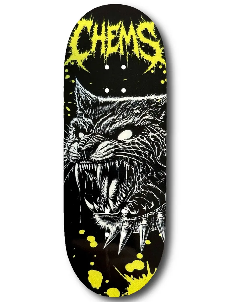 Chems Fingerboard Deck - Yellow/Green Spiked Cat 1